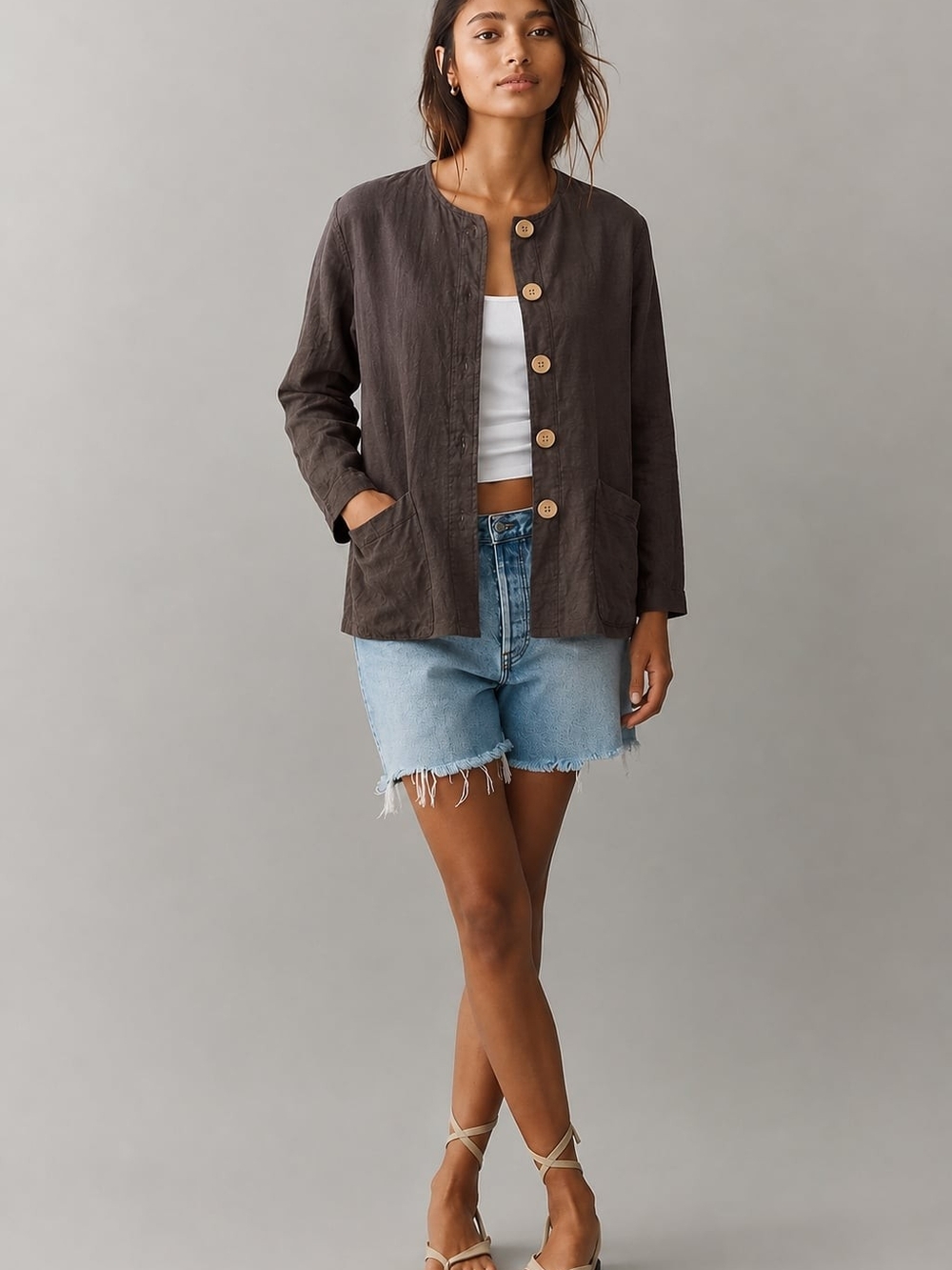 Vintage Dark Brown Round-Neck Linen Lightweight Jacket Wood Buttons Whimsical